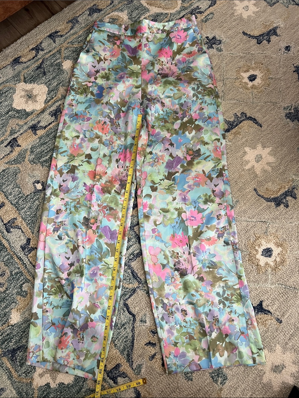 Zara Pastel Floral Straight-Leg Pants in Blue, Pink & Green